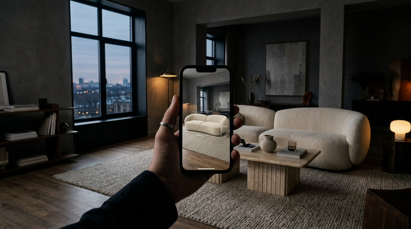 Cliente a visualizar um sofá em Realidade Aumentada na sua sala através do telemóvel